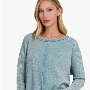 Zenana Washed Baby Waffle Long Sleeve Top Light Blue